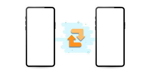 Phones synchronization on a white transparent background. Orange arrows