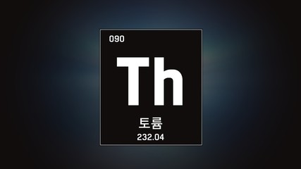 Fototapeta na wymiar 3D illustration of Thorium as Element 90 of the Periodic Table. Grey illuminated atom design background with orbiting electrons name atomic weight element number in Korean language