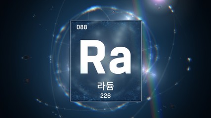 3D illustration of Radium as Element 88 of the Periodic Table. Blue illuminated atom design background with orbiting electrons name atomic weight element number in Korean language