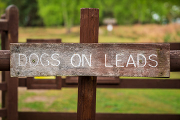 Sign: Dogs On Leads, with blurry background