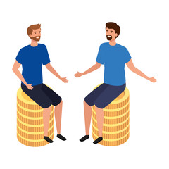 young men sitting in pile coins isolated icon