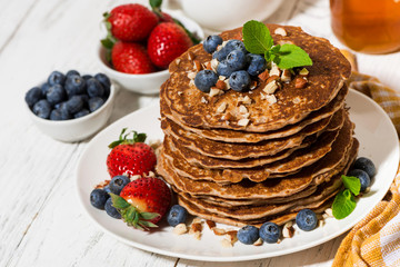 stack of homemade delicious pancakes for breakfast