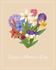 Happy mother day floral heart with summer flower bouquet cartoon vector illustration card. Flourish card for mothers day with text and flowers.