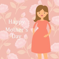 Beautiful pregnant woman on rose floral background pattern for happy mothers day vector illustration. Cartoon character caucasian pregnant lady, mother.