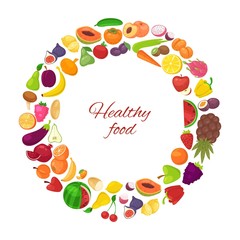 Healthy food with organic fruits and vegetables in circle isolated on white background vector illustration poster. Vegeterian fruits and veggie diet healthy food carrot, banana, oranges and lemon.