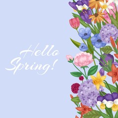 Hello spring floral background with flower bouquet cartoon vector illustration card or booklets cover. Flourish peony and daisies card with copy space and text for invitation, wedding, banner.