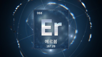 3D illustration of Erbium as Element 68 of the Periodic Table. Blue illuminated atom design background with orbiting electrons name atomic weight element number in Korean language