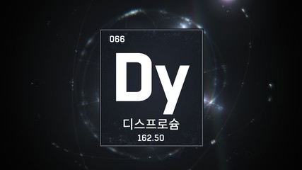 3D illustration of Dysprosium as Element 66 of the Periodic Table. Silver illuminated atom design background with orbiting electrons name atomic weight element number in Korean language