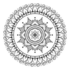 Fototapeta na wymiar Flower-shaped mandala, black and white pattern. Islam, Arabic, Pakistan, Moroccan, Turkish, Indian, Spain motifs. Hand drawn background, can be used for coloring book, greeting card.