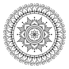 Flower-shaped mandala, black and white pattern. Islam, Arabic, Pakistan, Moroccan, Turkish, Indian, Spain motifs. Hand drawn background, can be used for coloring book, greeting card.