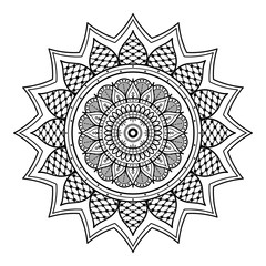 Flower-shaped mandala, black and white pattern. Islam, Arabic, Pakistan, Moroccan, Turkish, Indian, Spain motifs. Hand drawn background, can be used for coloring book, greeting card.