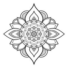 Flower-shaped mandala, black and white pattern. Islam, Arabic, Pakistan, Moroccan, Turkish, Indian, Spain motifs. Hand drawn background, can be used for coloring book, greeting card.