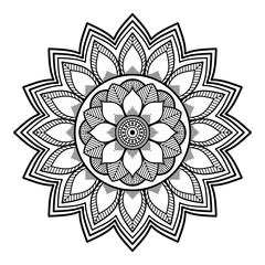 Flower-shaped mandala, black and white pattern. Islam, Arabic, Pakistan, Moroccan, Turkish, Indian, Spain motifs. Hand drawn background, can be used for coloring book, greeting card.