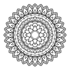 Flower-shaped mandala, black and white pattern. Islam, Arabic, Pakistan, Moroccan, Turkish, Indian, Spain motifs. Hand drawn background, can be used for coloring book, greeting card.