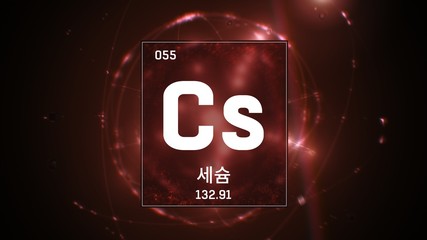 3D illustration of Cesium as Element 55 of the Periodic Table. Red illuminated atom design background orbiting electrons name, atomic weight element number in Korean language