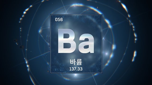 3D illustration of Barium as Element 56 of the Periodic Table. Blue illuminated atom design background orbiting electrons name, atomic weight element number in Korean language