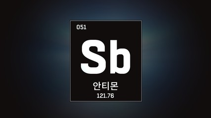 3D illustration of Antimony as Element 51 of the Periodic Table. Grey illuminated atom design background orbiting electrons name, atomic weight element number in Korean language