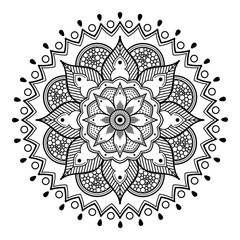 Flower-shaped mandala, black and white pattern. Islam, Arabic, Pakistan, Moroccan, Turkish, Indian, Spain motifs. Hand drawn background, can be used for coloring book, greeting card.