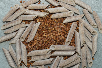 Uncooked buckwheat pasta.