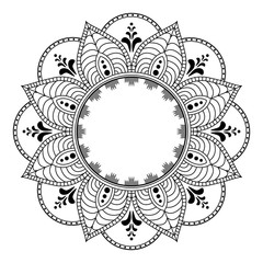 Flower-shaped mandala, black and white pattern. Islam, Arabic, Pakistan, Moroccan, Turkish, Indian, Spain motifs. Hand drawn background, can be used for coloring book, greeting card.
