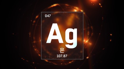 3D illustration of Silver as Element 47 of the Periodic Table. Orange illuminated atom design...