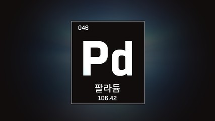 3D illustration of Palladium as Element 46 of the Periodic Table. Grey illuminated atom design background orbiting electrons name, atomic weight element number in Korean language