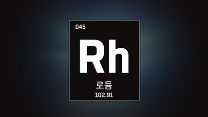 3D illustration of Rhodium as Element 45 of the Periodic Table. Grey illuminated atom design background orbiting electrons name, atomic weight element number in Korean language