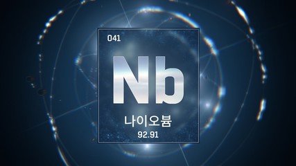 3D illustration of Niobium as Element 41 of the Periodic Table. Blue illuminated atom design background orbiting electrons name, atomic weight element number in Korean language