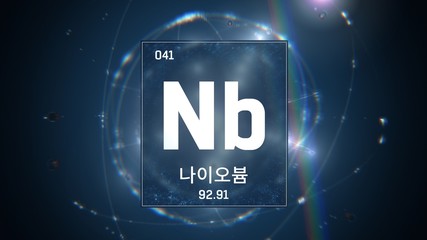 3D illustration of Niobium as Element 41 of the Periodic Table. Blue illuminated atom design background orbiting electrons name, atomic weight element number in Korean language