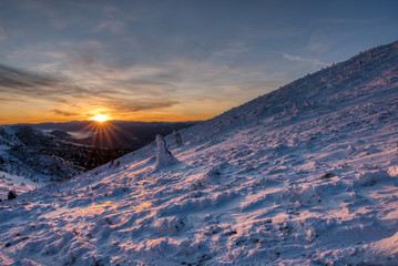 Sunrise in the winter mountains, Mala Fatra mountain, Slovakia republic