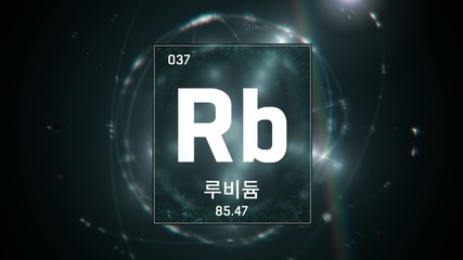 3D illustration of Rubidium as Element 37 of the Periodic Table. Green illuminated atom design background orbiting electrons name, atomic weight element number in Korean language