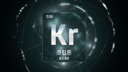 3D illustration of Krypton as Element 36 of the Periodic Table. Green illuminated atom design background orbiting electrons name, atomic weight element number in Korean language