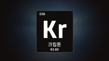 3D illustration of Krypton as Element 36 of the Periodic Table. Grey illuminated atom design background orbiting electrons name, atomic weight element number in Korean language