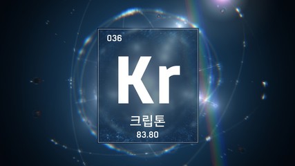 3D illustration of Krypton as Element 36 of the Periodic Table. Blue illuminated atom design background orbiting electrons name, atomic weight element number in Korean language