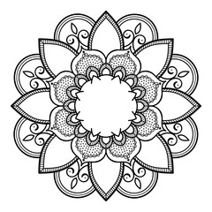 Flower-shaped mandala, black and white pattern. Islam, Arabic, Pakistan, Moroccan, Turkish, Indian, Spain motifs. Hand drawn background, can be used for coloring book, greeting card.