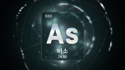 3D illustration of Arsenic as Element 33 of the Periodic Table. Green illuminated atom design background orbiting electrons name, atomic weight element number in Korean language