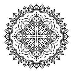 Flower-shaped mandala, black and white pattern. Islam, Arabic, Pakistan, Moroccan, Turkish, Indian, Spain motifs. Hand drawn background, can be used for coloring book, greeting card.