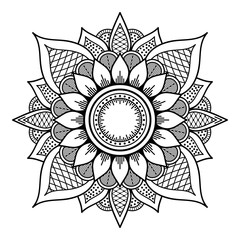 Flower-shaped mandala, black and white pattern. Islam, Arabic, Pakistan, Moroccan, Turkish, Indian, Spain motifs. Hand drawn background, can be used for coloring book, greeting card.