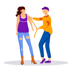 Fashion designer making measurements flat color vector illustration. Clothing atelier assistant. Individual tailoring. Creating woman clothes isolated cartoon character on white background