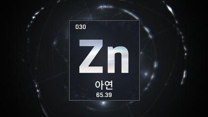 3D illustration of Zinc as Element 30 of the Periodic Table. Silver illuminated atom design background with orbiting electrons. Design shows name, atomic weight and element number