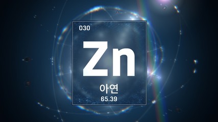 3D illustration of Zinc as Element 30 of the Periodic Table. Blue illuminated atom design background with orbiting electrons. Design shows name, atomic weight and element number