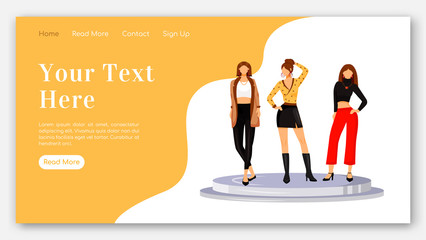 Runway models looks landing page flat color vector template. Fashion designers clothes homepage layout. Trendy outfits one page website interface with cartoon illustration. Catwalk web banner, webpage