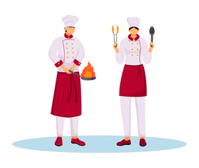 Hotel chefs in uniform flat color vector illustration. Kitchen staff, service personnel, restaurant workers. Two cooks with cooking utensils isolated cartoon characters on white background