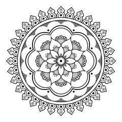 Flower-shaped mandala, black and white pattern. Islam, Arabic, Pakistan, Moroccan, Turkish, Indian, Spain motifs. Hand drawn background, can be used for coloring book, greeting card.