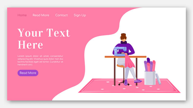 Fashion designer landing page flat color vector template. Assistant with sewing machine homepage layout. Repair clothes one page website interface with cartoon illustration. Atelier banner, webpage