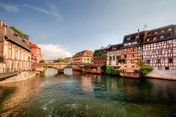 Fototapeta na wymiar Old town water canal panorama of Strasbourg at summer, Alsace, France