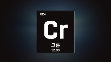 3D illustration of Chromium as Element 24 of the Periodic Table. Green illuminated atom design background orbiting electrons name, atomic weight element number in Korean language