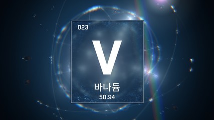 3D illustration of Vanadium as Element 23 of the Periodic Table. Blue illuminated atom design background orbiting electrons name, atomic weight element number in Korean language