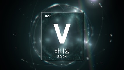 3D illustration of Vanadium as Element 23 of the Periodic Table. Green illuminated atom design background orbiting electrons name, atomic weight element number in Korean language