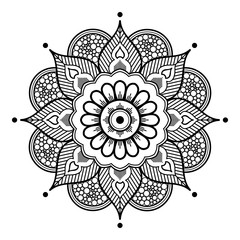 Flower-shaped mandala, black and white pattern. Islam, Arabic, Pakistan, Moroccan, Turkish, Indian, Spain motifs. Hand drawn background, can be used for coloring book, greeting card.